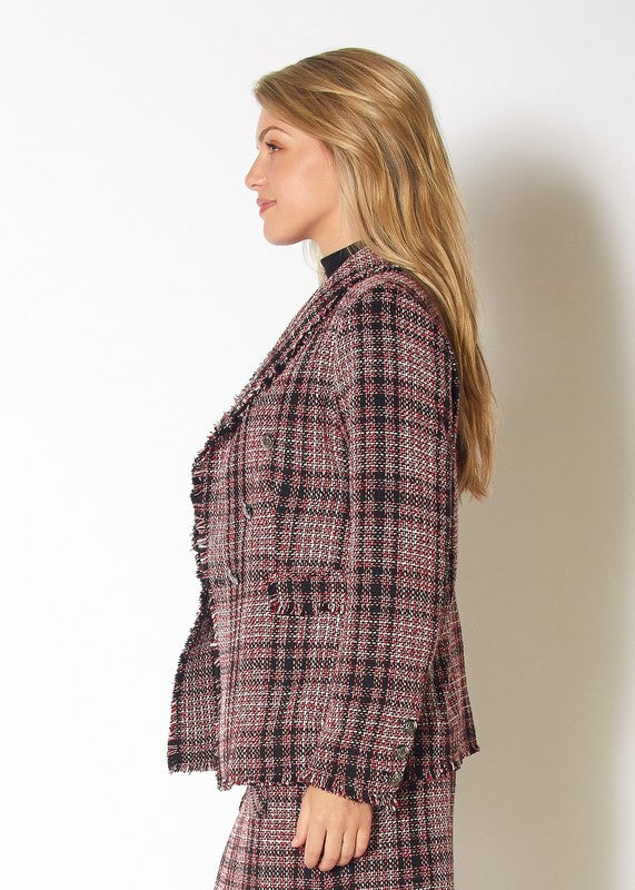 Fringe Hem Plaid Tweed Blazer