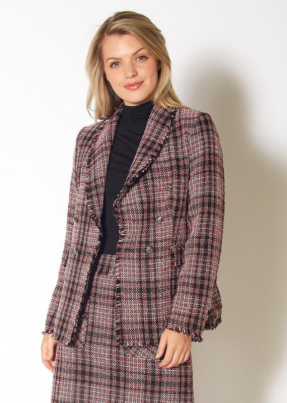 Fringe Hem Plaid Tweed Blazer