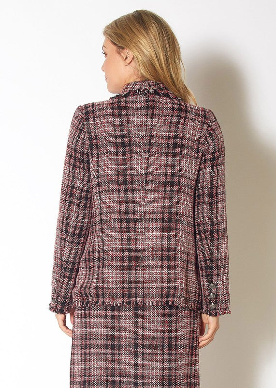 Fringe Hem Plaid Tweed Blazer