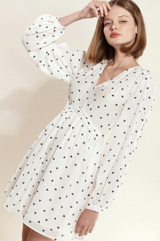 Triangle Print Long Sleeve V Neck Dress