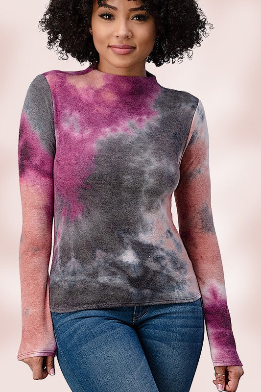 BRUSHED KNIT TIE DYE PRINTED MOCK NECK LONG SLEEVE TOP