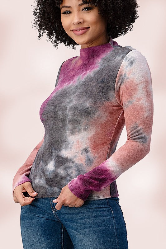 BRUSHED KNIT TIE DYE PRINTED MOCK NECK LONG SLEEVE TOP