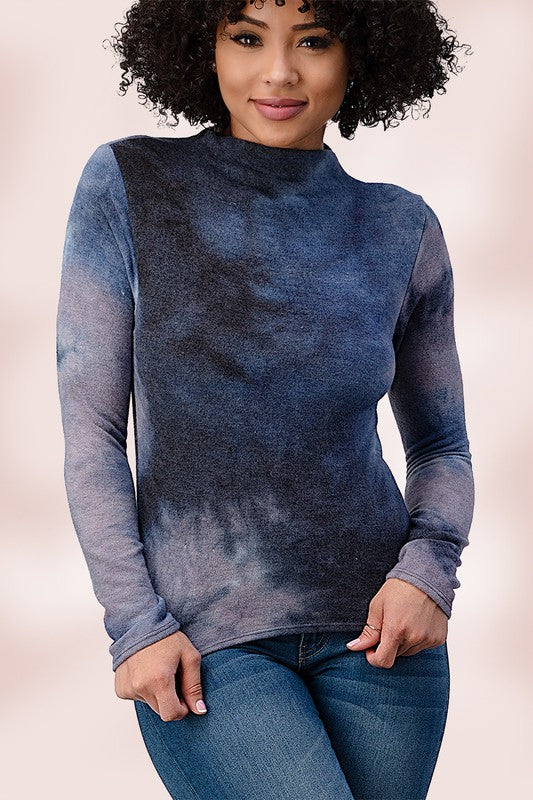 BRUSHED KNIT TIE DYE PRINTED MOCK NECK LONG SLEEVE TOP