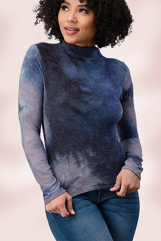 BRUSHED KNIT TIE DYE PRINTED MOCK NECK LONG SLEEVE TOP