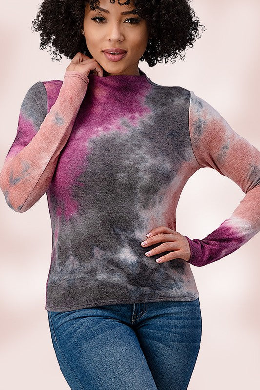 BRUSHED KNIT TIE DYE PRINTED MOCK NECK LONG SLEEVE TOP