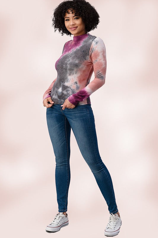 BRUSHED KNIT TIE DYE PRINTED MOCK NECK LONG SLEEVE TOP