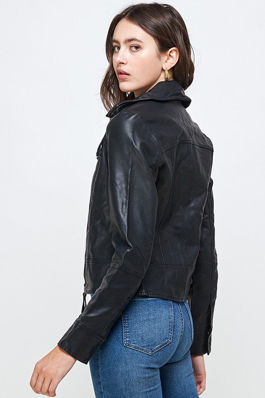 Moto Jacket Buckle Vegan Leather Biker Jacket