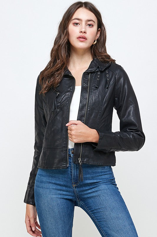 Moto Jacket Buckle Vegan Leather Biker Jacket