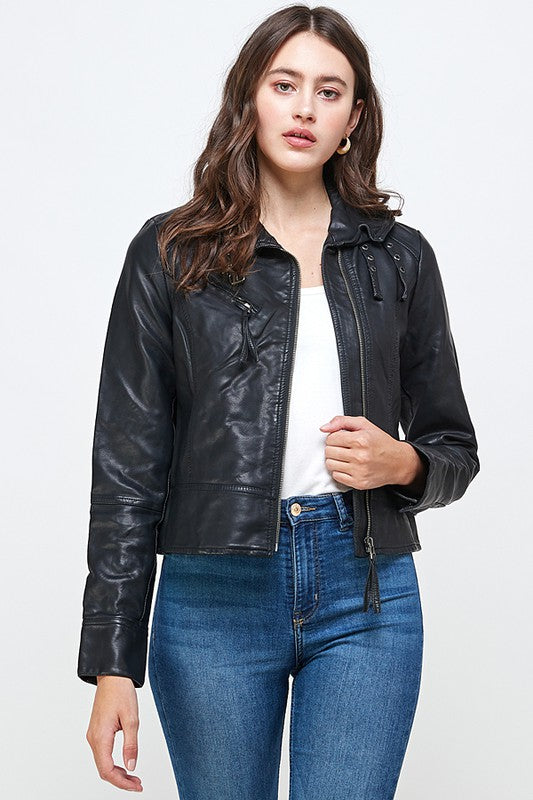 Moto Jacket Buckle Vegan Leather Biker Jacket