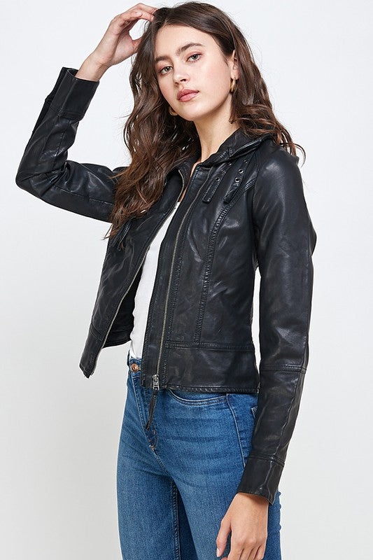 Moto Jacket Buckle Vegan Leather Biker Jacket