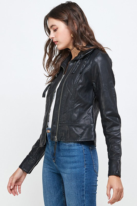 Moto Jacket Buckle Vegan Leather Biker Jacket