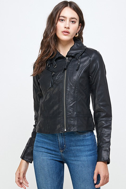 Moto Jacket Buckle Vegan Leather Biker Jacket