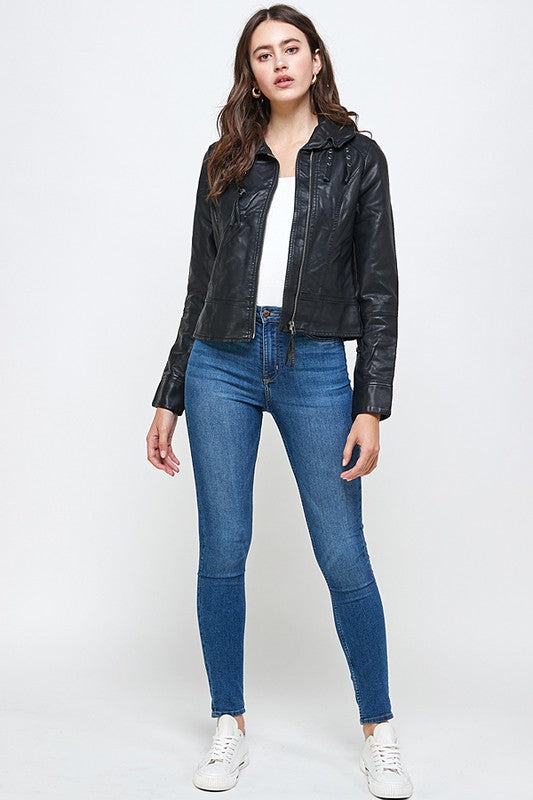 Moto Jacket Buckle Vegan Leather Biker Jacket