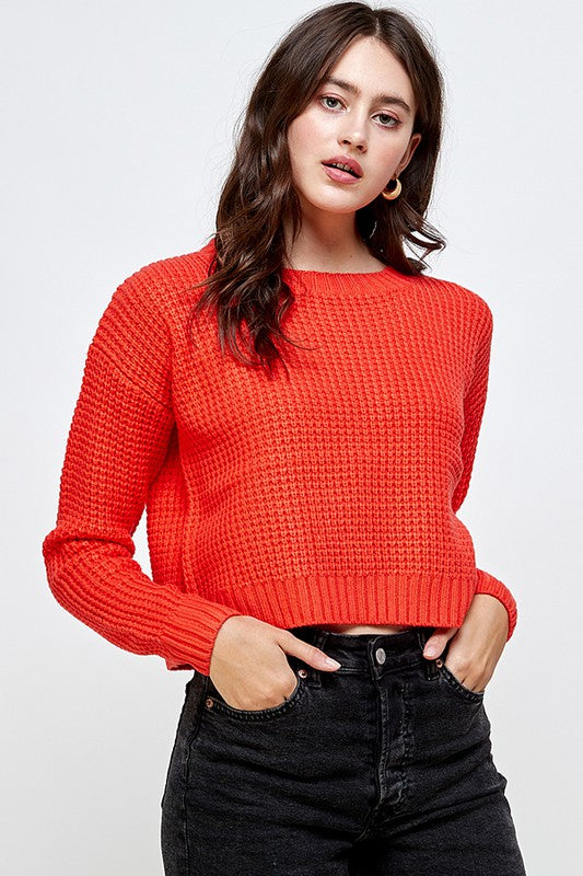 Waffle Knitted Cropped Sweater Top