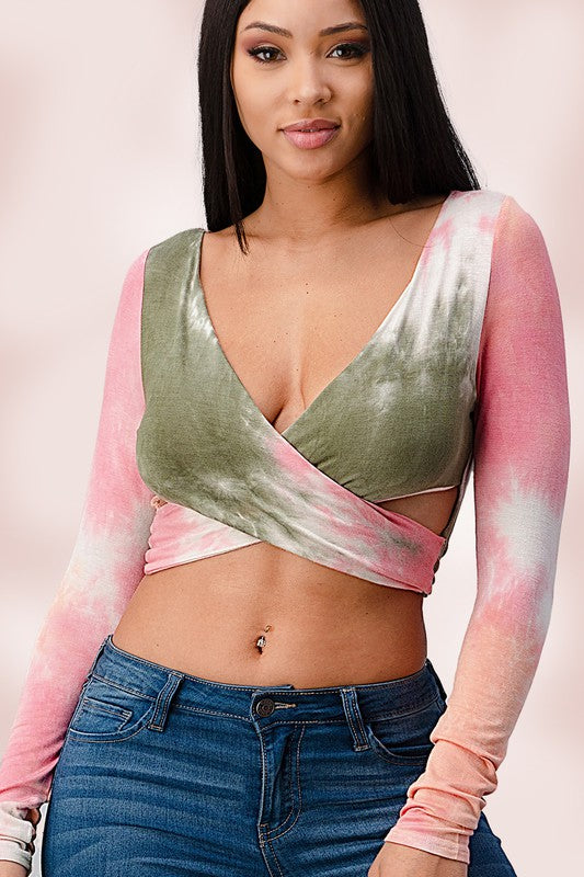 Rayon Tie Dye Surplice Tie back Crop Top