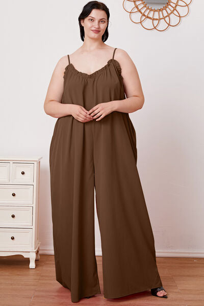 Full Size Ruffle Trim Tie Back Cami Jumpsuit with Pockets