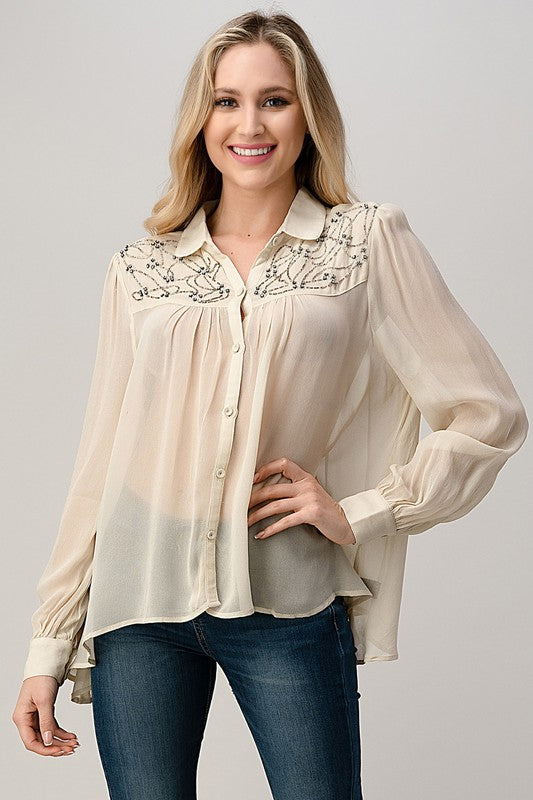 Mesh Blouse Shirt Top with Beaded Jewel Trim