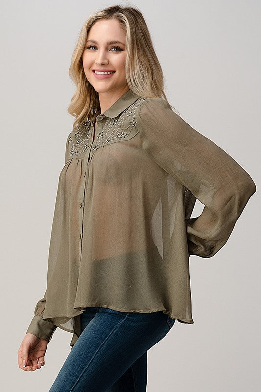 Mesh Blouse Shirt Top with Beaded Jewel Trim