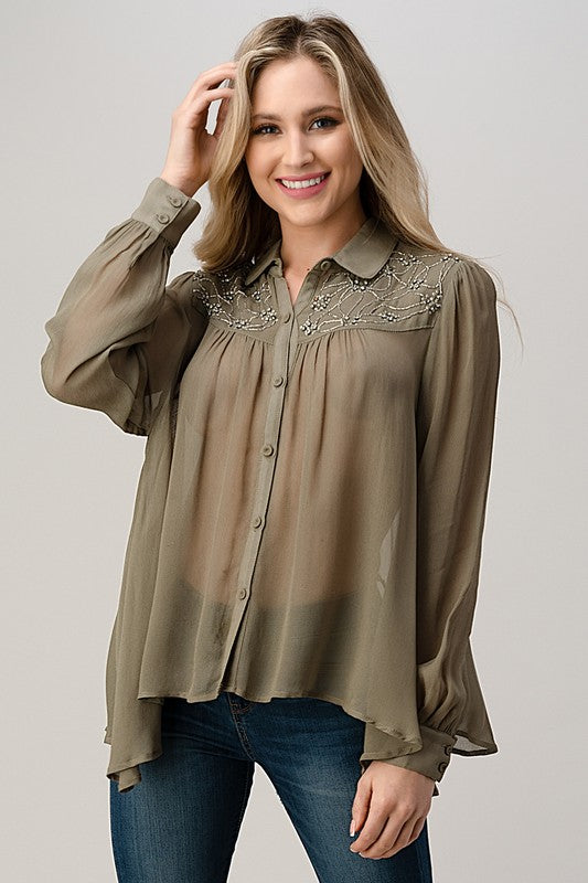 Mesh Blouse Shirt Top with Beaded Jewel Trim