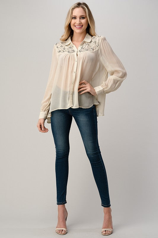 Mesh Blouse Shirt Top with Beaded Jewel Trim