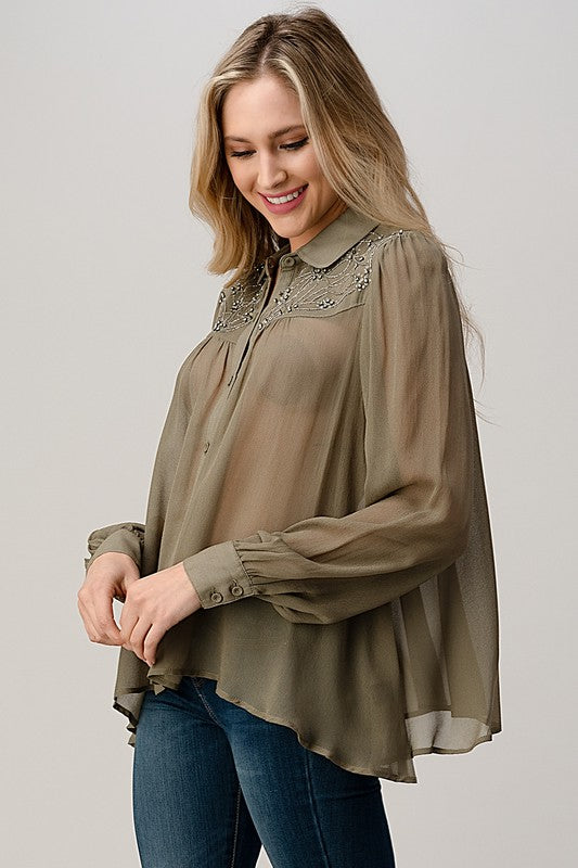 Mesh Blouse Shirt Top with Beaded Jewel Trim