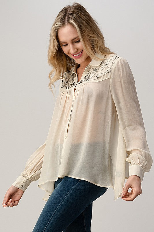 Mesh Blouse Shirt Top with Beaded Jewel Trim