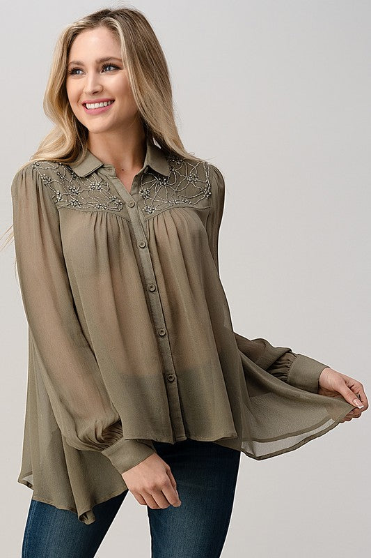 Mesh Blouse Shirt Top with Beaded Jewel Trim