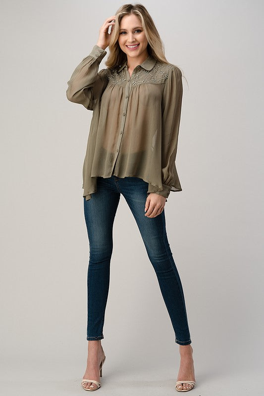 Mesh Blouse Shirt Top with Beaded Jewel Trim