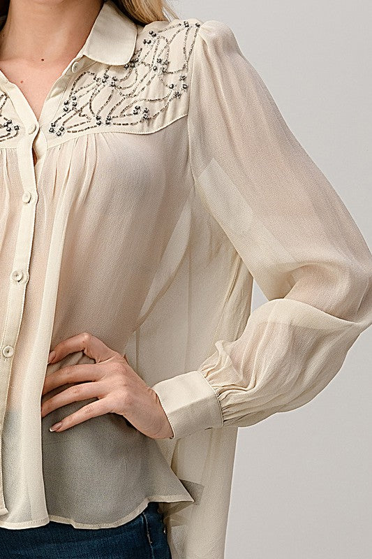 Mesh Blouse Shirt Top with Beaded Jewel Trim