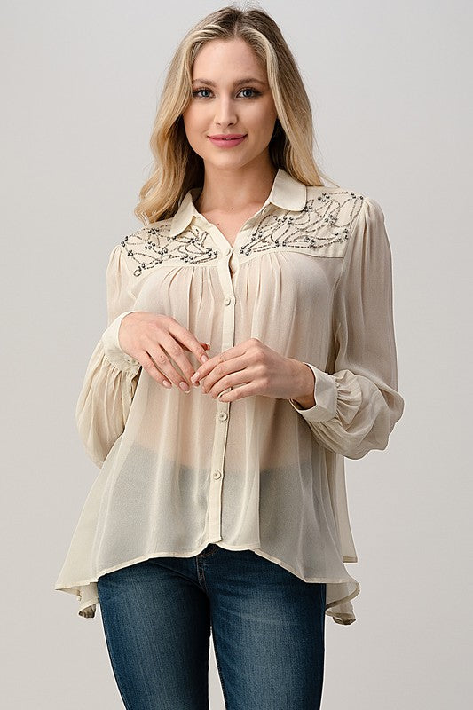 Mesh Blouse Shirt Top with Beaded Jewel Trim