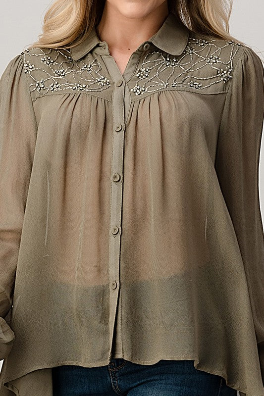 Mesh Blouse Shirt Top with Beaded Jewel Trim