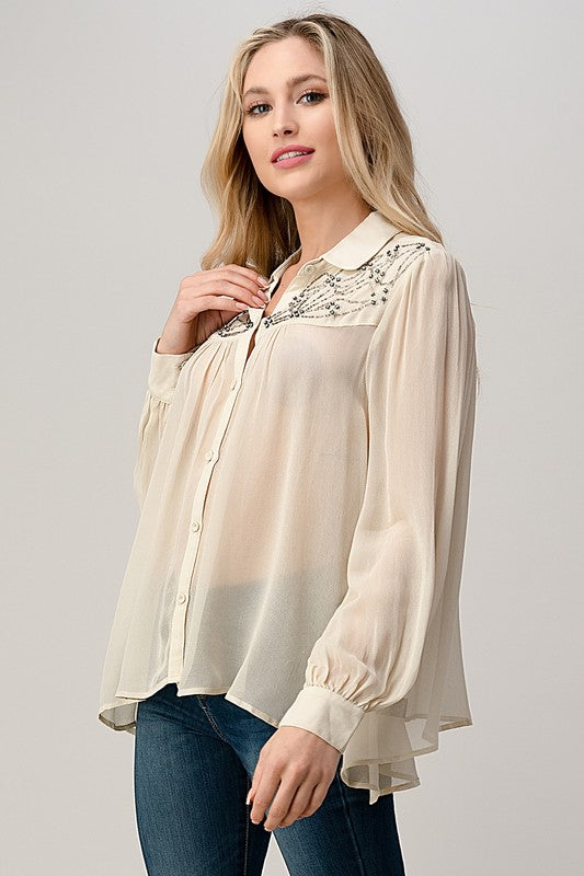 Mesh Blouse Shirt Top with Beaded Jewel Trim