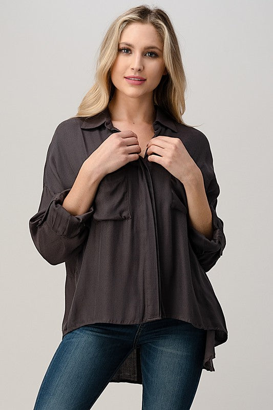 High Low Hem And Rolled Up Sleeves Shirts Top