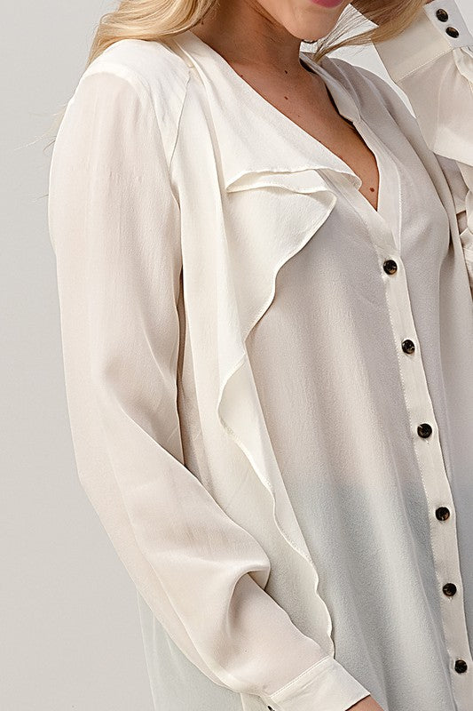 Ruffled Neck Button Front Shirts With Long Sleeves