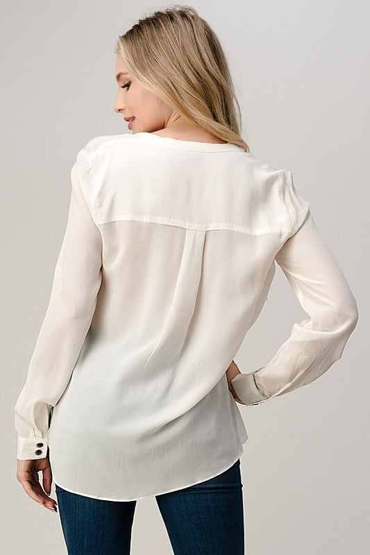 Ruffled Neck Button Front Shirts With Long Sleeves