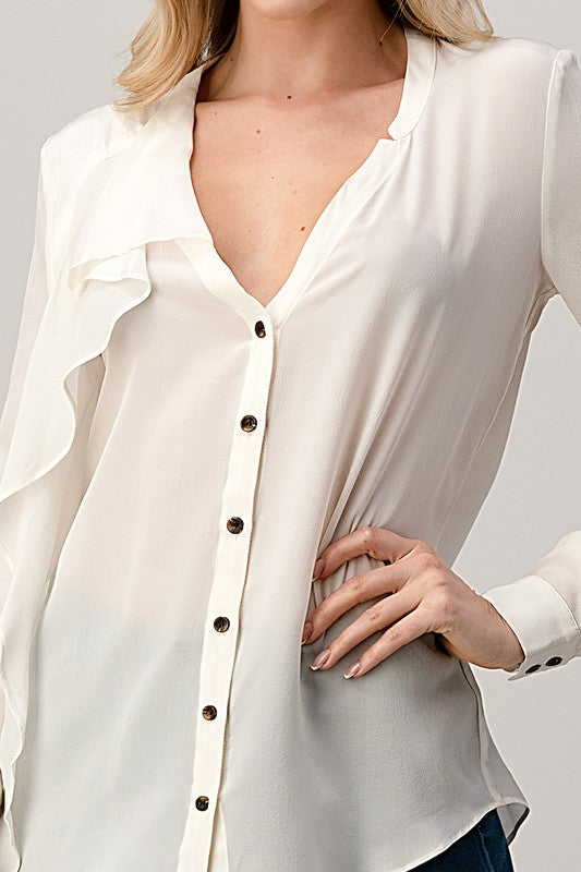 Ruffled Neck Button Front Shirts With Long Sleeves