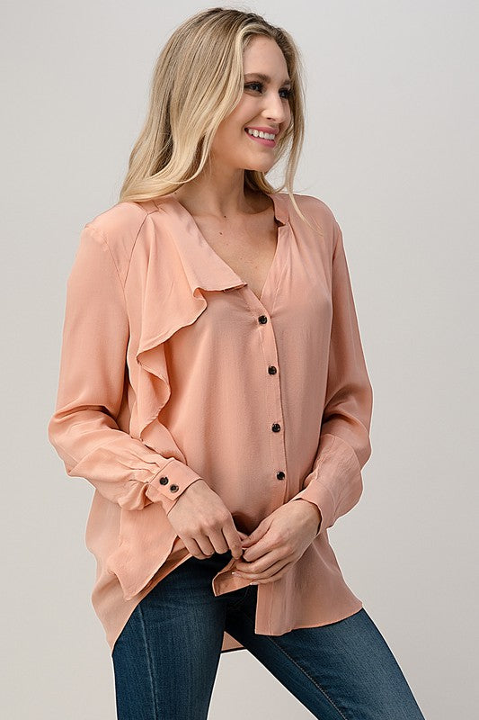 Ruffled Neck Button Front Shirts With Long Sleeves