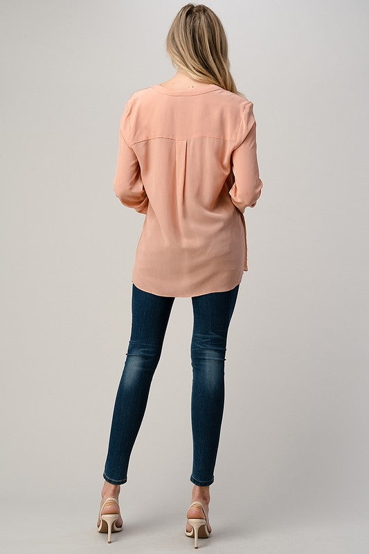 Ruffled Neck Button Front Shirts With Long Sleeves