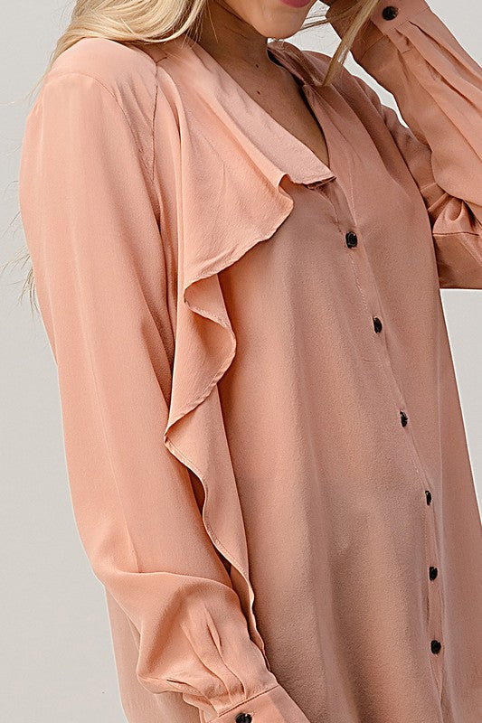 Ruffled Neck Button Front Shirts With Long Sleeves