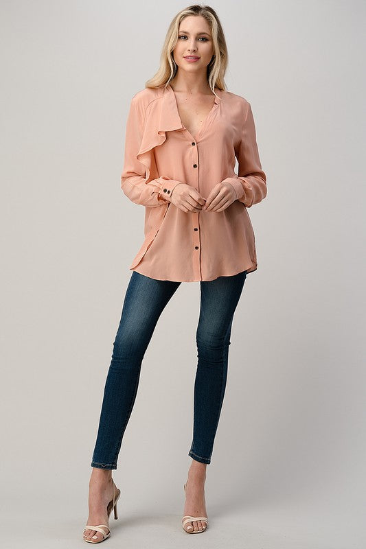 Ruffled Neck Button Front Shirts With Long Sleeves