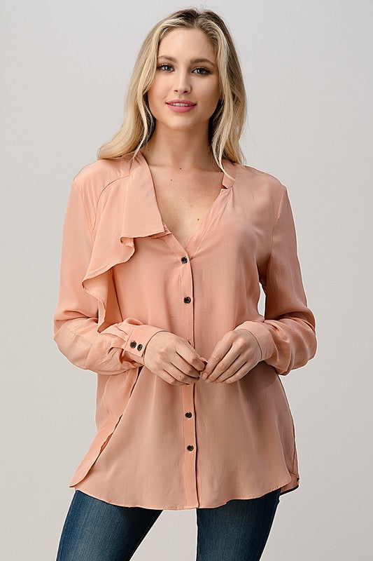 Ruffled Neck Button Front Shirts With Long Sleeves