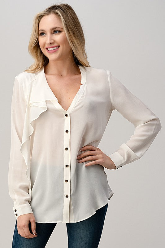 Ruffled Neck Button Front Shirts With Long Sleeves