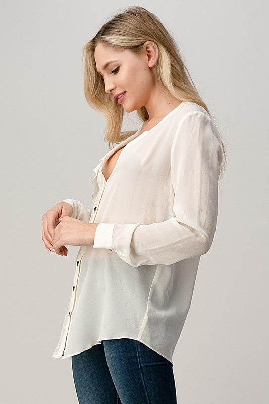 Ruffled Neck Button Front Shirts With Long Sleeves