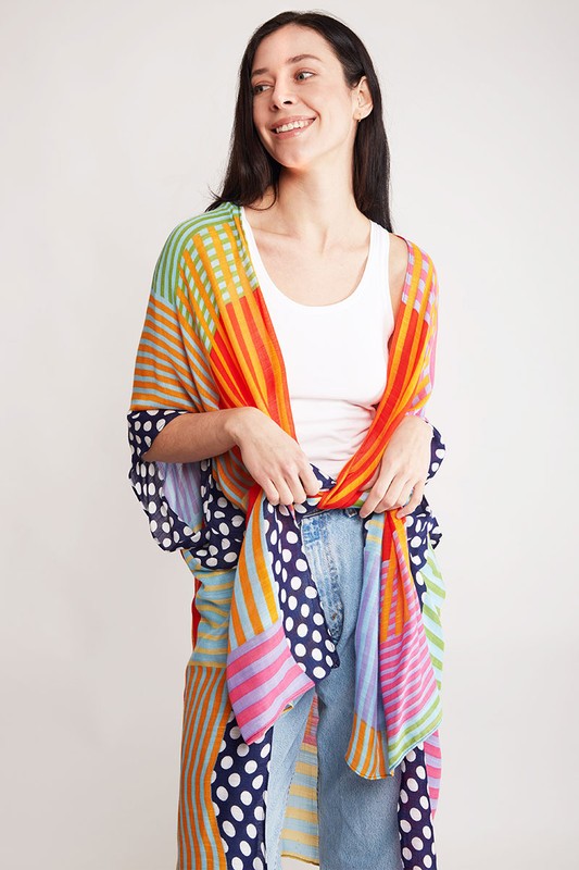 Women's Stripe & Polka Dots Print Cover Up Kimono