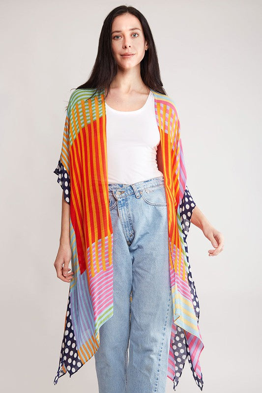 Women's Stripe & Polka Dots Print Cover Up Kimono