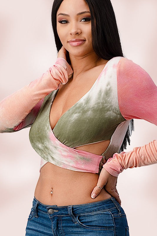 Rayon Tie Dye Surplice Tie back Crop Top