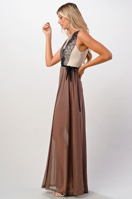 Contrast Lace Overlap Maxi Dress