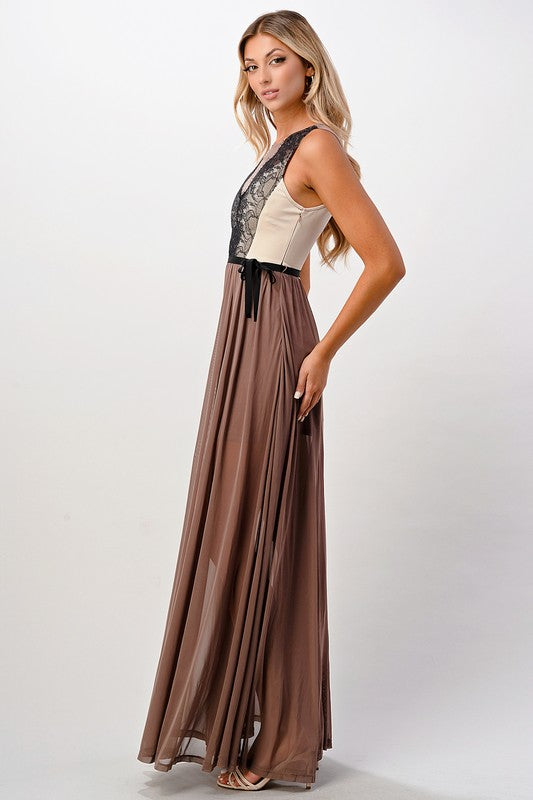 Contrast Lace Overlap Maxi Dress