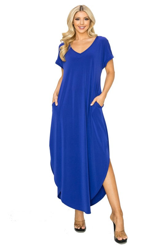 Azure Blue V-Neck Short Sleeved Slit Pocket Maxi