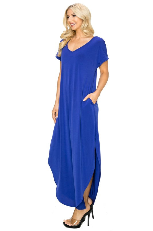 Azure Blue V-Neck Short Sleeved Slit Pocket Maxi